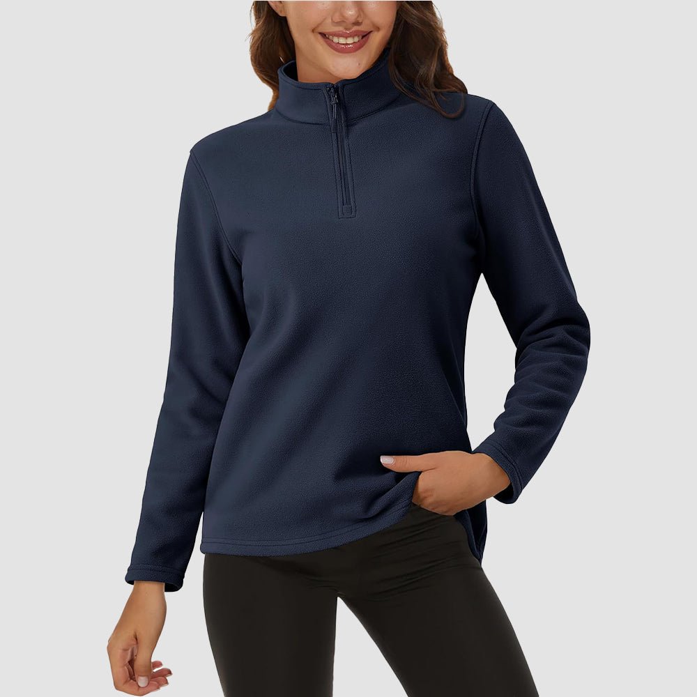 Women's fleece quarter-zip pullover, adjustable stand lapel collar, stretchy warm polyester
