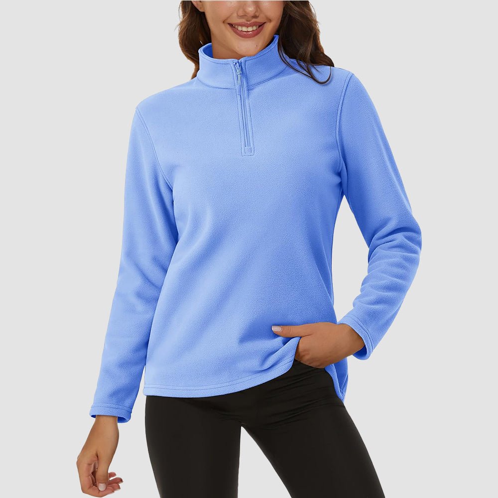 Women's fleece quarter-zip pullover, adjustable stand lapel collar, stretchy warm polyester