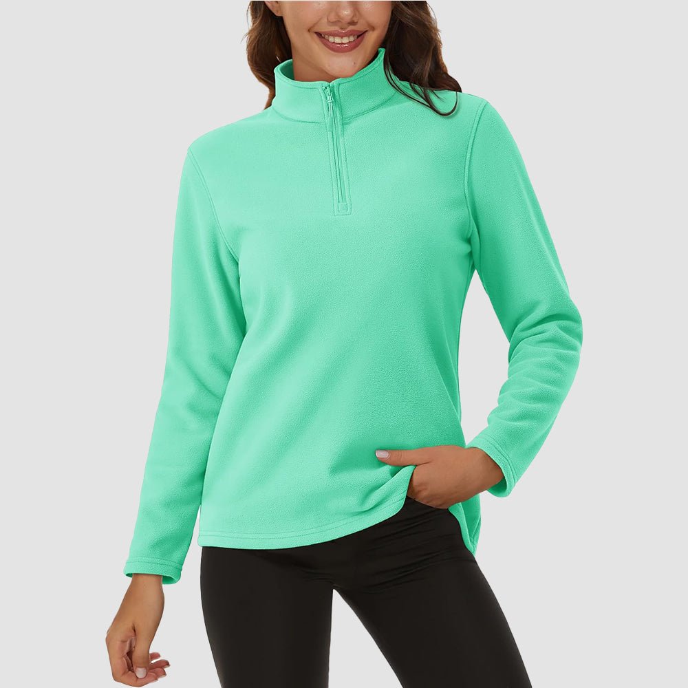 Women's fleece quarter-zip pullover, adjustable stand lapel collar, stretchy warm layering top