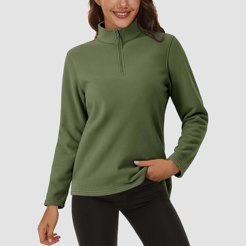 Women's fleece quarter-zip pullover, warm stretchy fit, adjustable stand or lapel collar