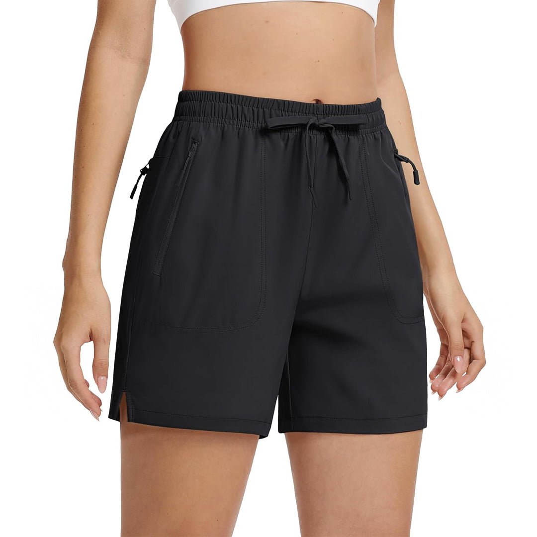 Women's olive green 5-inch hiking shorts lightweight quick-dry UPF 50 with zip pockets