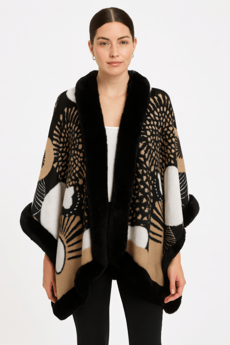 Women’s Abstract Print Cape with Faux‑Fur Trim – Statement Outerwear - Urbann-Vibe