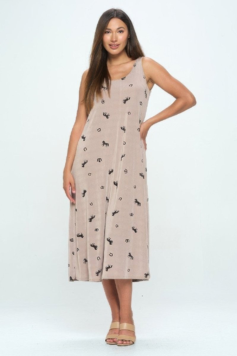 Women's abstract print sleeveless maxi dress, lightweight stretch fabric with round neckline