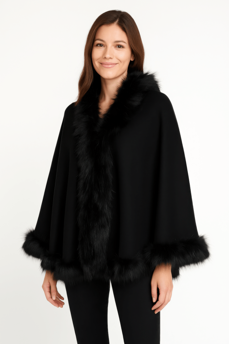 Women's Black Faux Fur Trim Open Front Cape - Urbann-Vibe