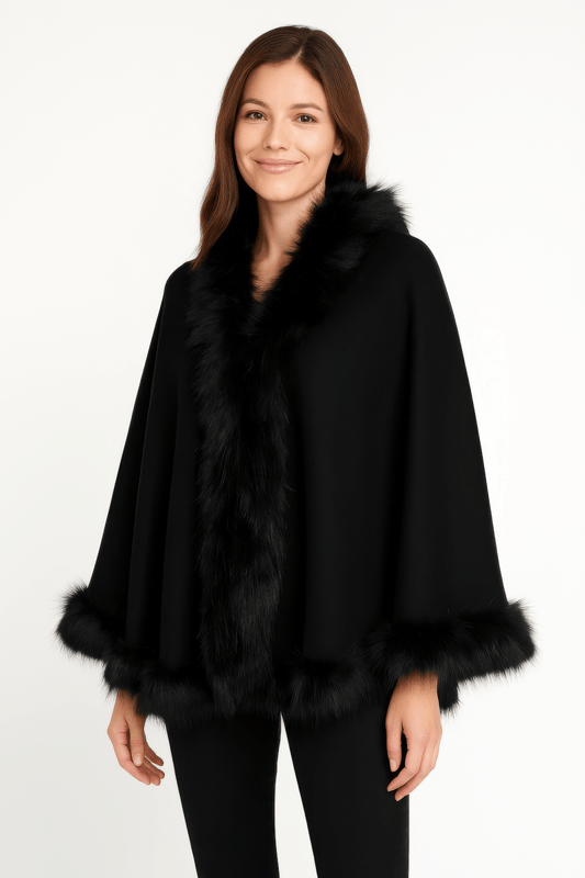 Women's Black Faux Fur Trim Open Front Cape - Urbann-Vibe