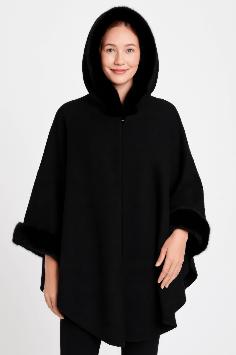 Women's black hooded cape with faux fur trim, wide sleeves, luxurious formal evening winter wear