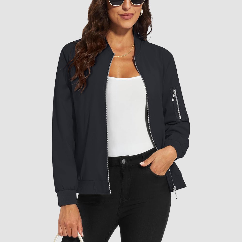 Women's lightweight windproof bomber jacket water-resistant spring windbreaker with 3 pockets