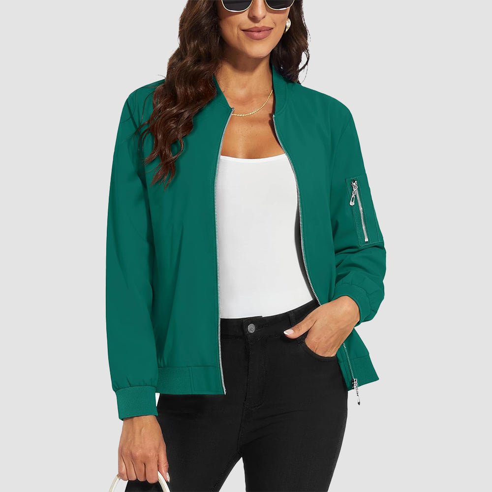 Women's lightweight windproof bomber jacket with 3 pockets, water-resistant polyester, spring windbreaker
