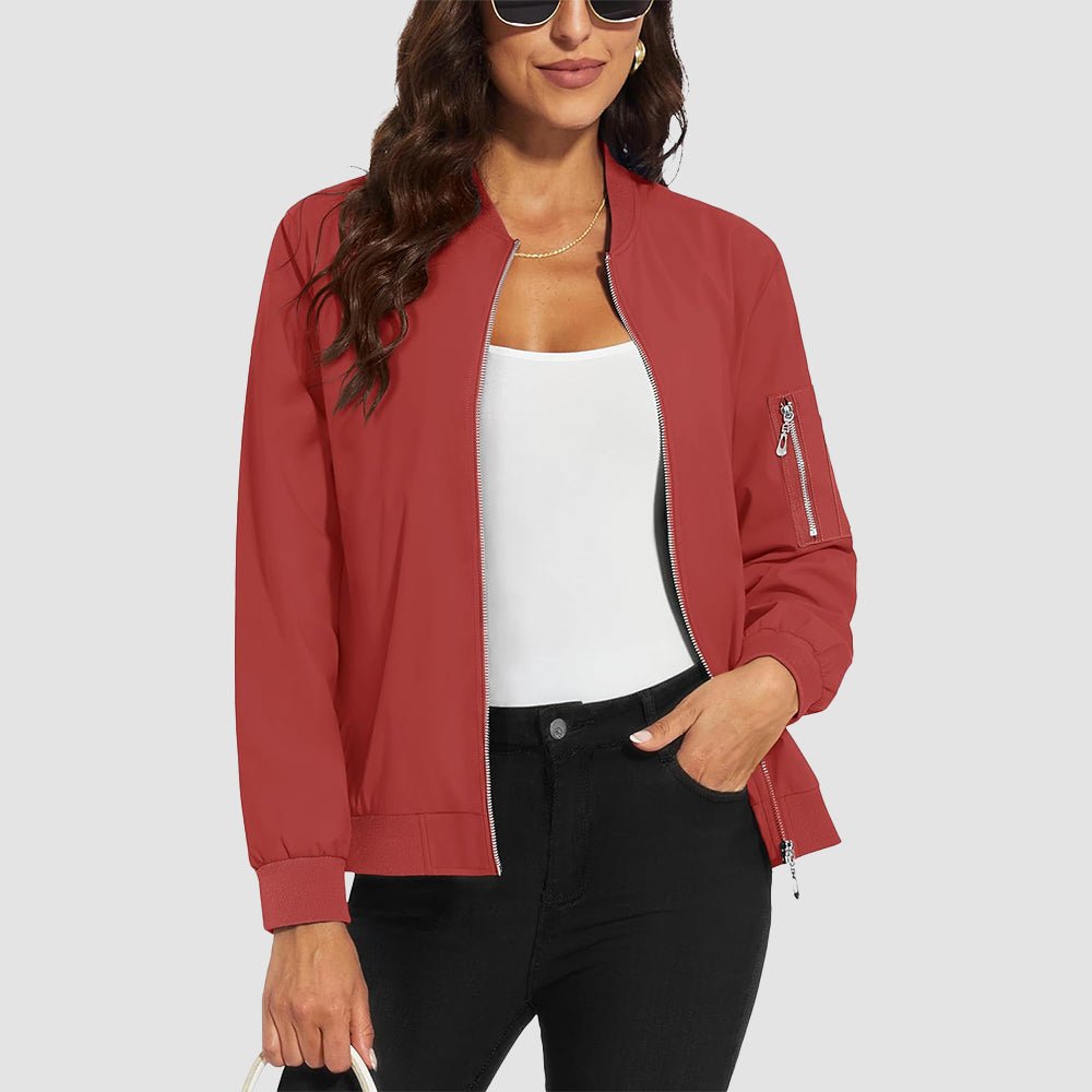 Women's lightweight windproof bomber jacket with 3 pockets, water-resistant polyester, spring windbreaker
