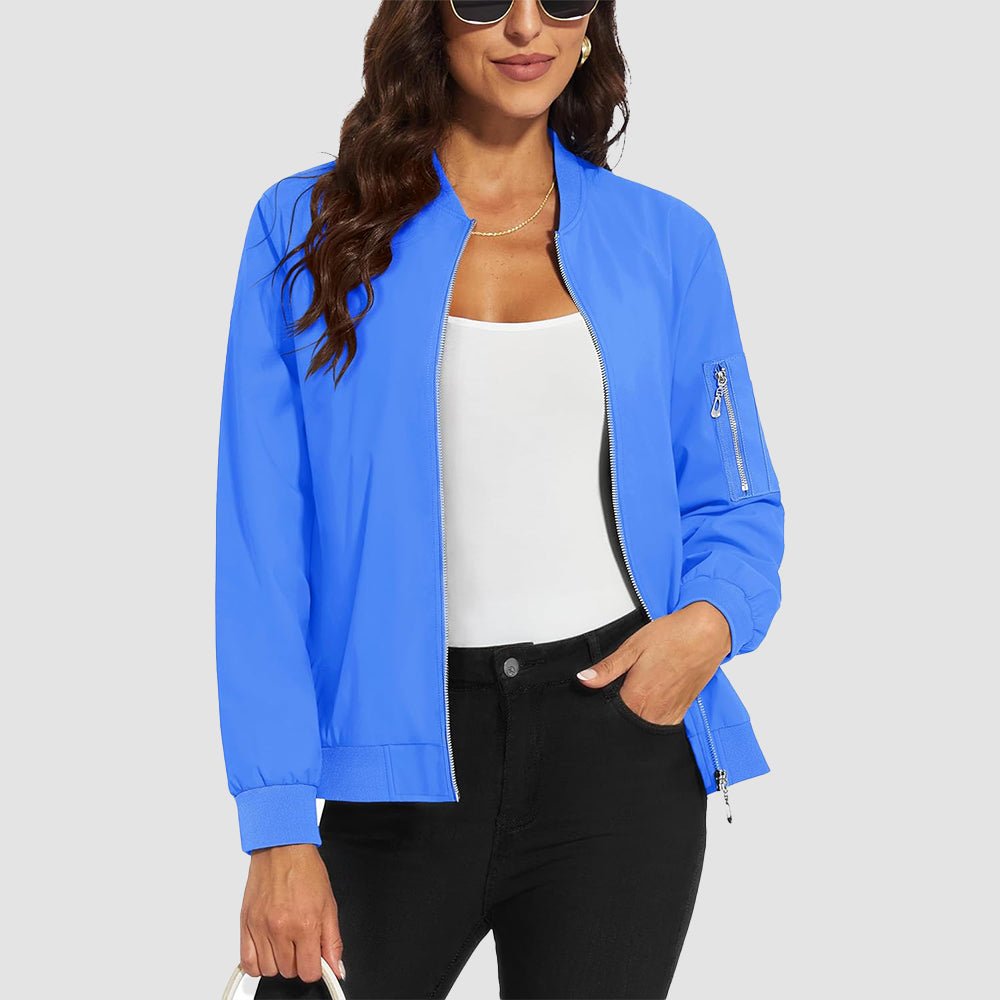 Women's lightweight windproof bomber jacket with 3 pockets water-resistant spring windbreaker
