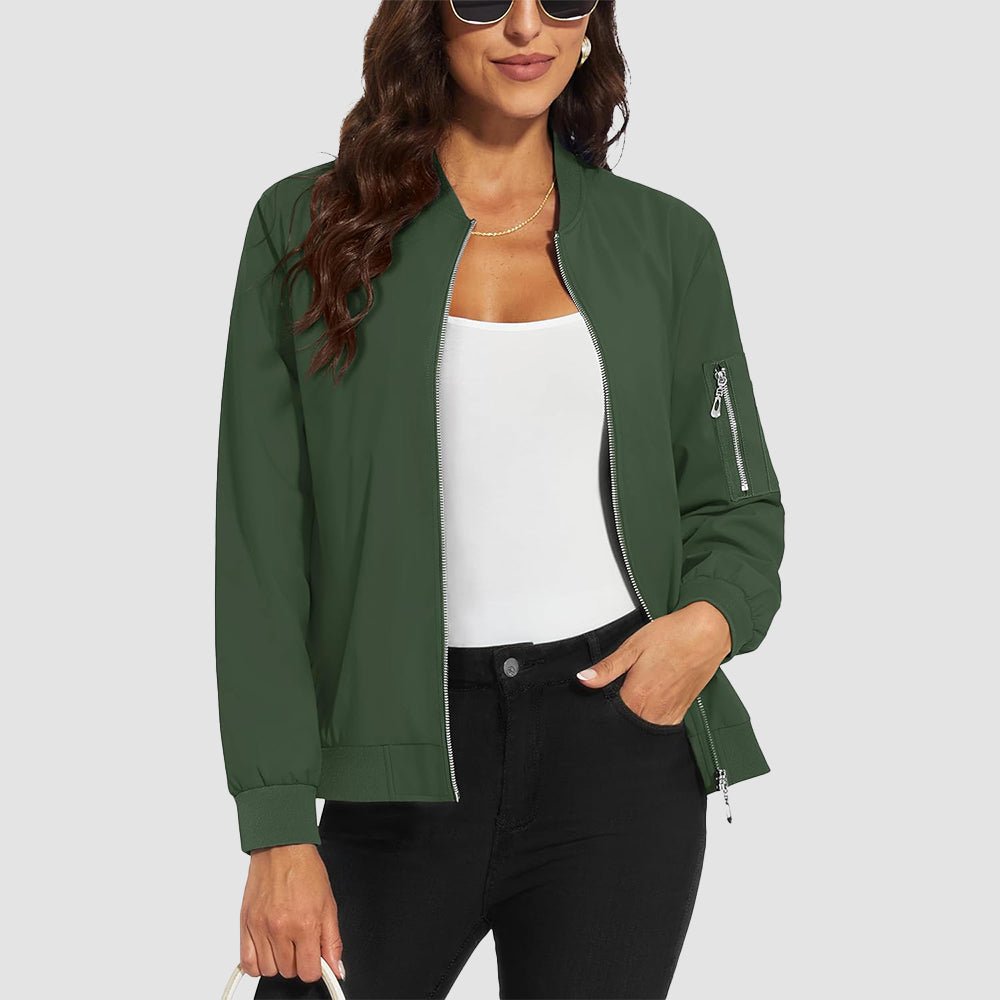 Women's lightweight windproof bomber jacket with 3 pockets, water-resistant polyester, spring windbreaker