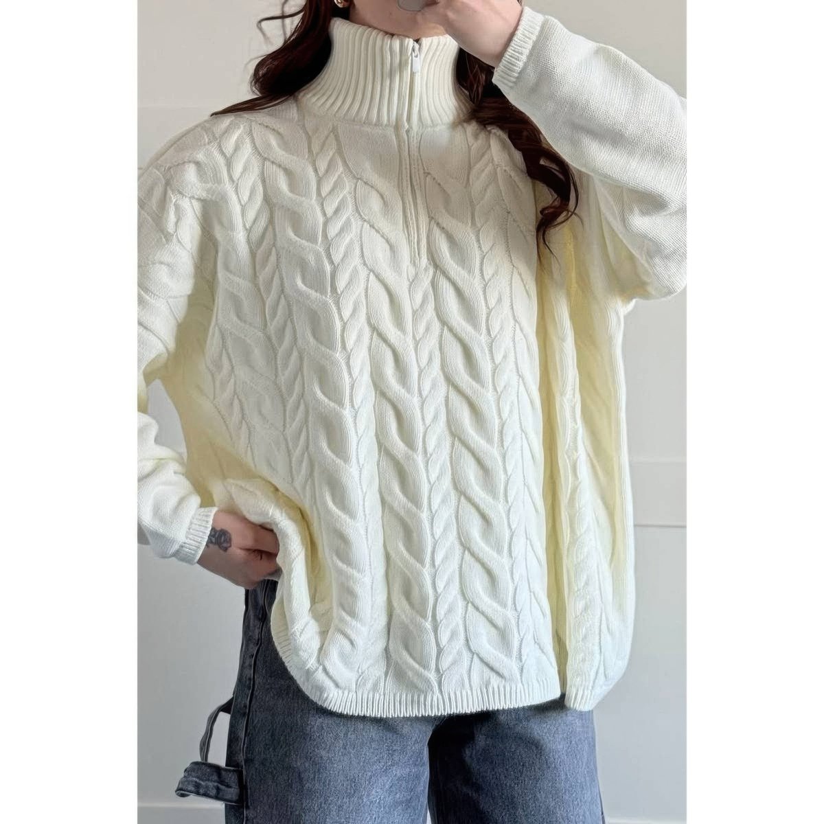 Women's ivory cable knit half-zip loose fit sweater with cozy texture for elegant layering