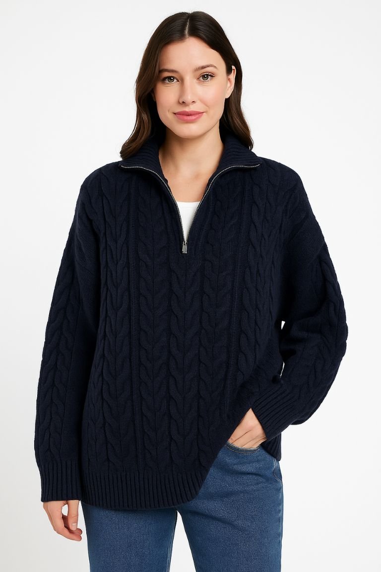 Women cable knit half-zip loose fit sweater cozy layering piece with textured pattern