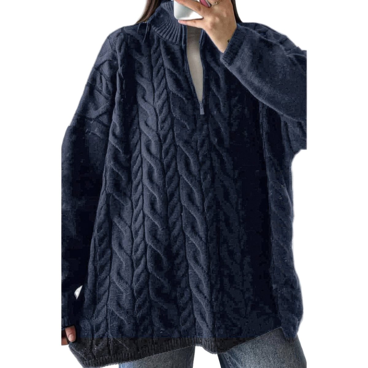 Women's beige cable knit half-zip loose fit sweater with textured pattern for cozy elegant layering
