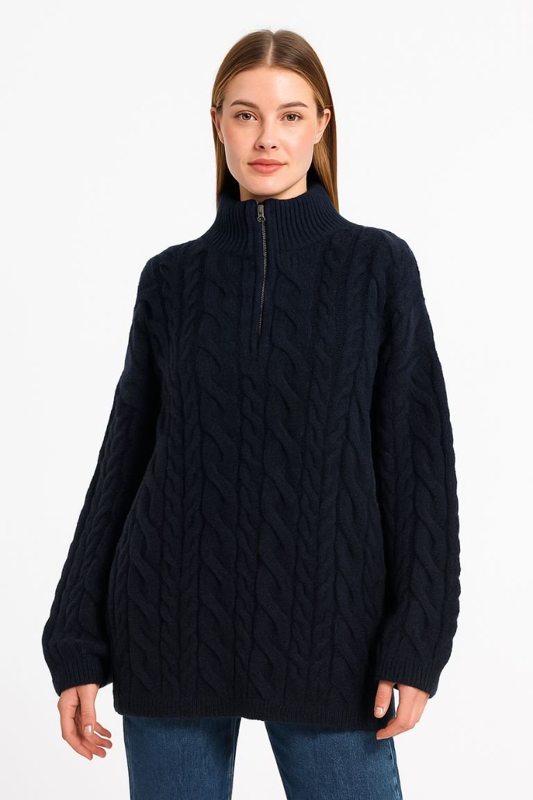 Women cream cable knit half-zip loose fit sweater with cozy texture for elegant layering