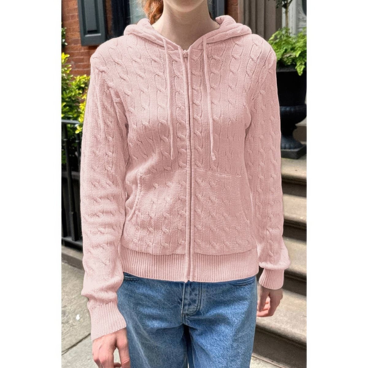 Women's cable knit hooded jacket with cozy front pockets, chunky texture, relaxed fit everyday warmth
