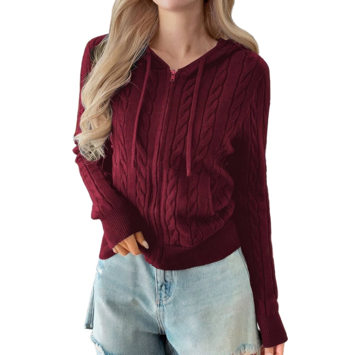Women's cable knit hooded jacket with chunky texture, cozy front pockets, relaxed fit everyday warmth