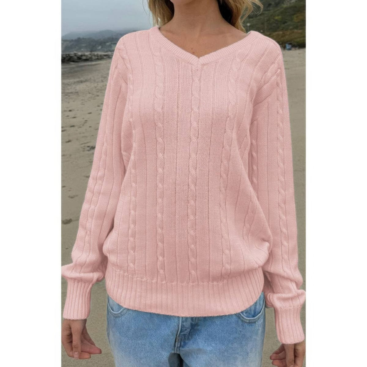 Women's cable knit V-neck pullover sweater, long sleeve cozy acrylic blend with intricate texture