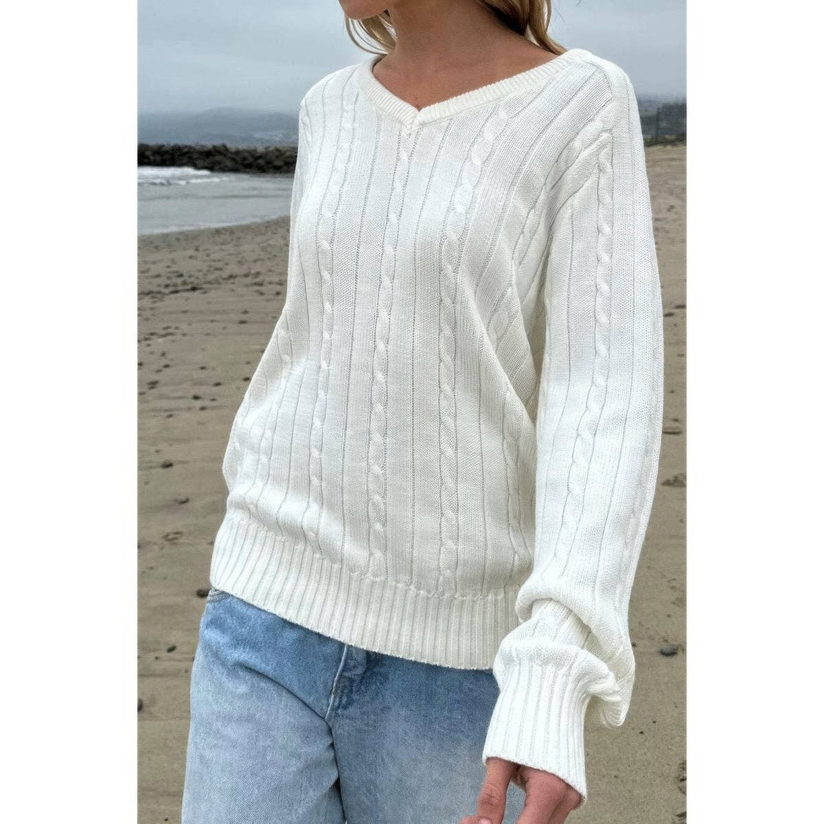 Women's cable knit V-neck pullover sweater, long sleeve cozy acrylic blend with intricate texture