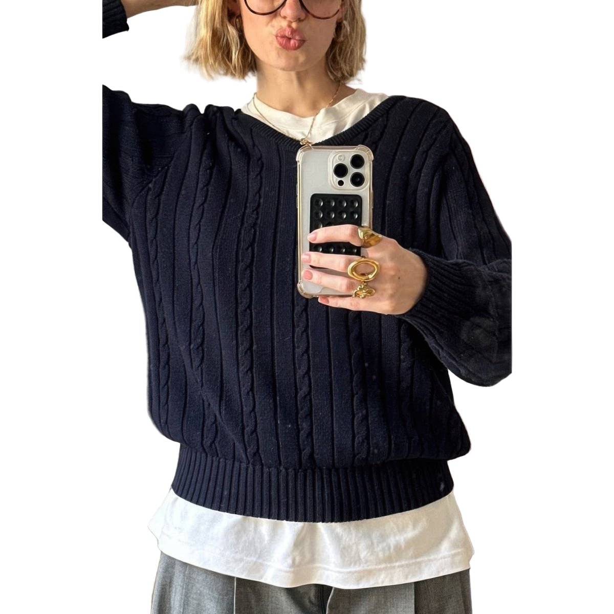Women's cable knit V-neck pullover sweater, long sleeve cozy acrylic blend with intricate texture