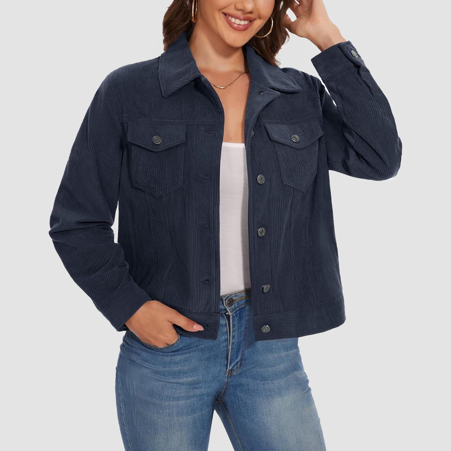 Women's brown corduroy shacket jacket with lapel collar, full button closure, and four functional pockets