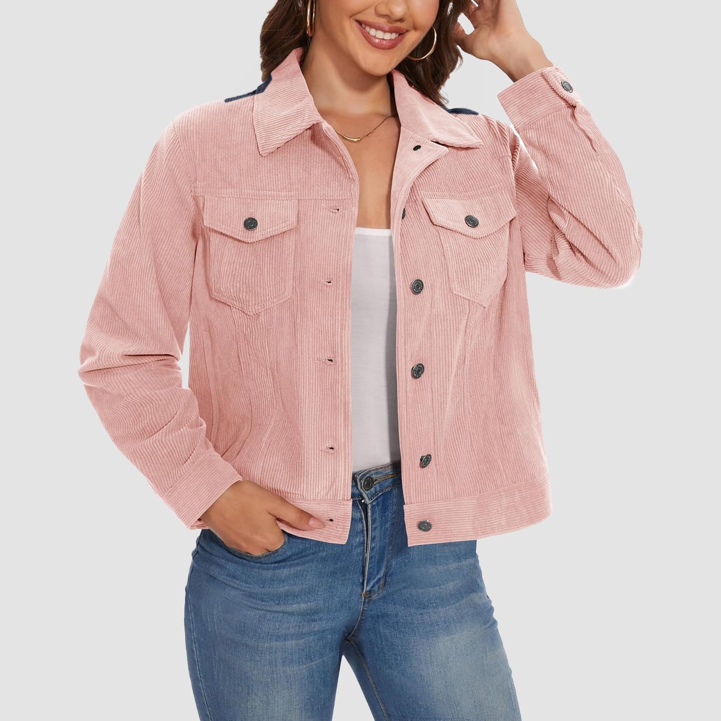 Women's brown corduroy shacket jacket with lapel collar, full button closure, and four functional pockets