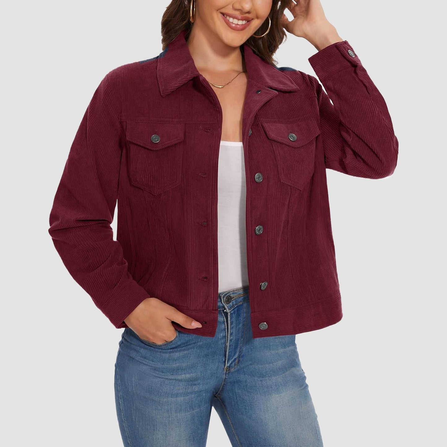 Women's brown corduroy shacket jacket with lapel collar, full button closure, and four functional pockets