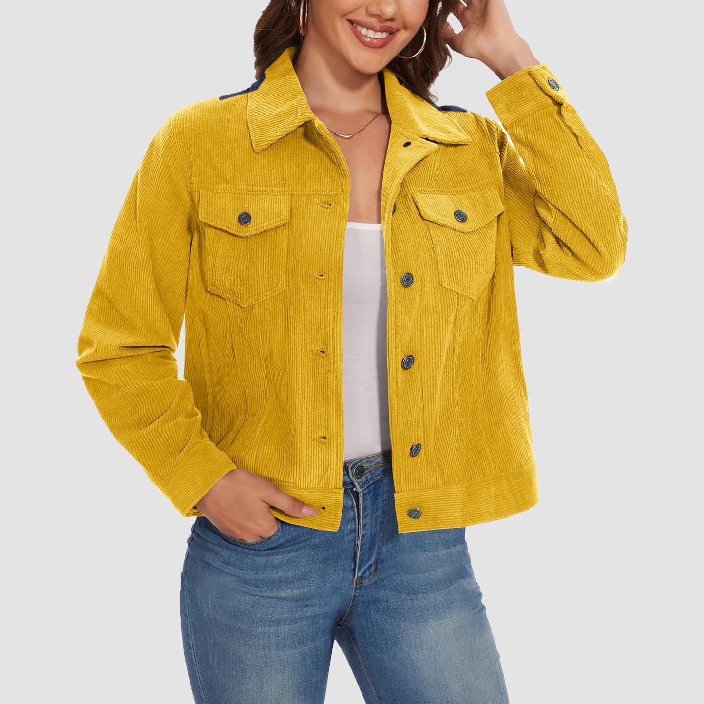 Women's brown corduroy shacket jacket with lapel collar, full button closure, and four pockets