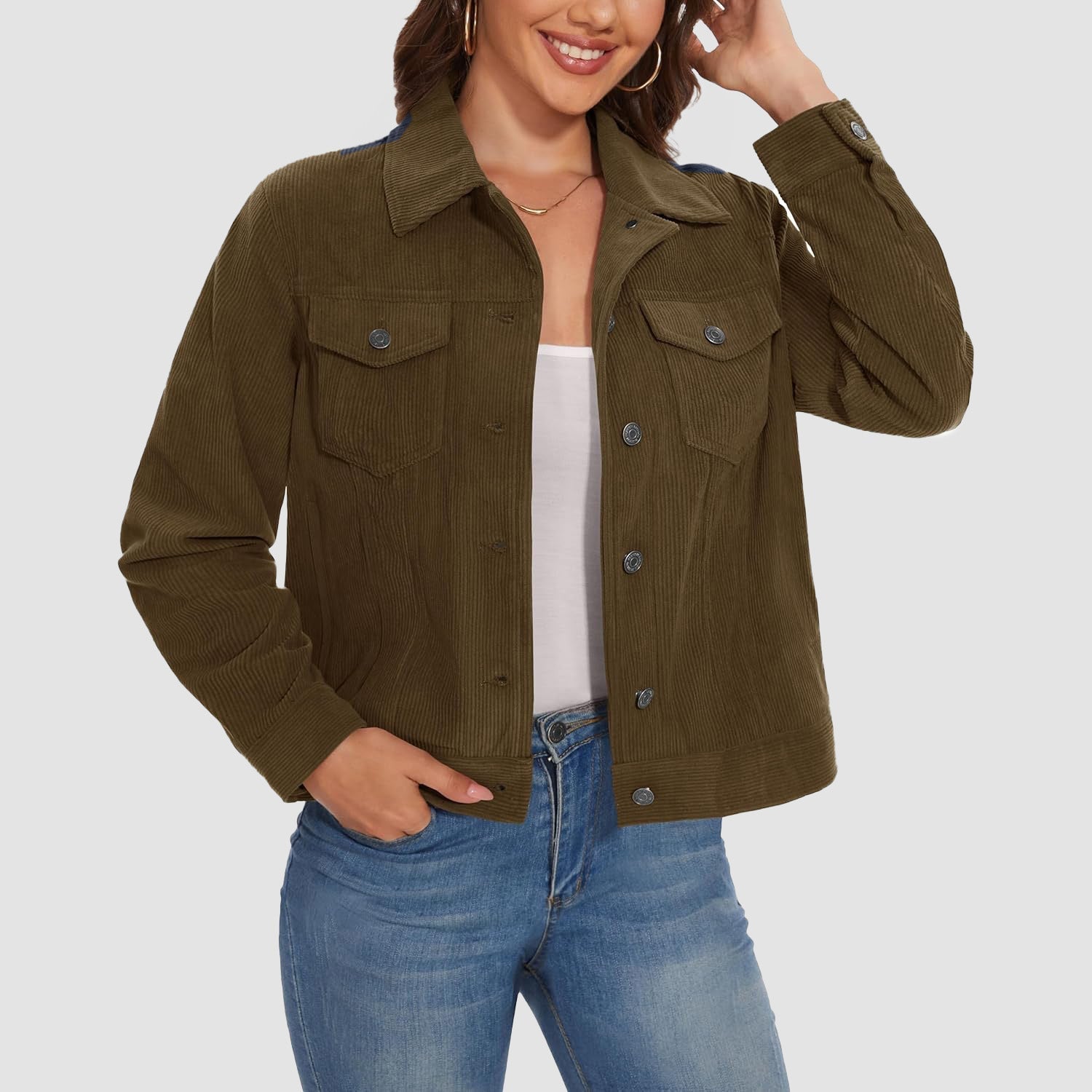 Women's brown corduroy shacket jacket with lapel collar, full button closure, and four pockets