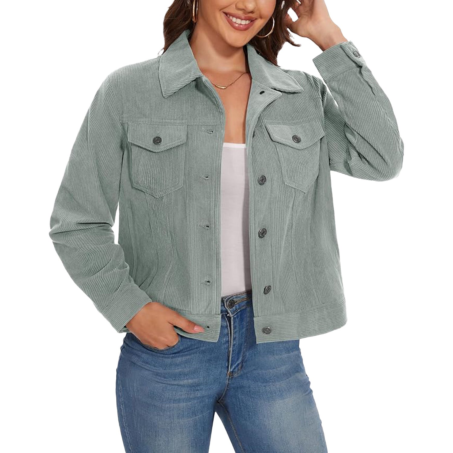 Women's brown corduroy shacket jacket with lapel collar, full button closure, and four pockets