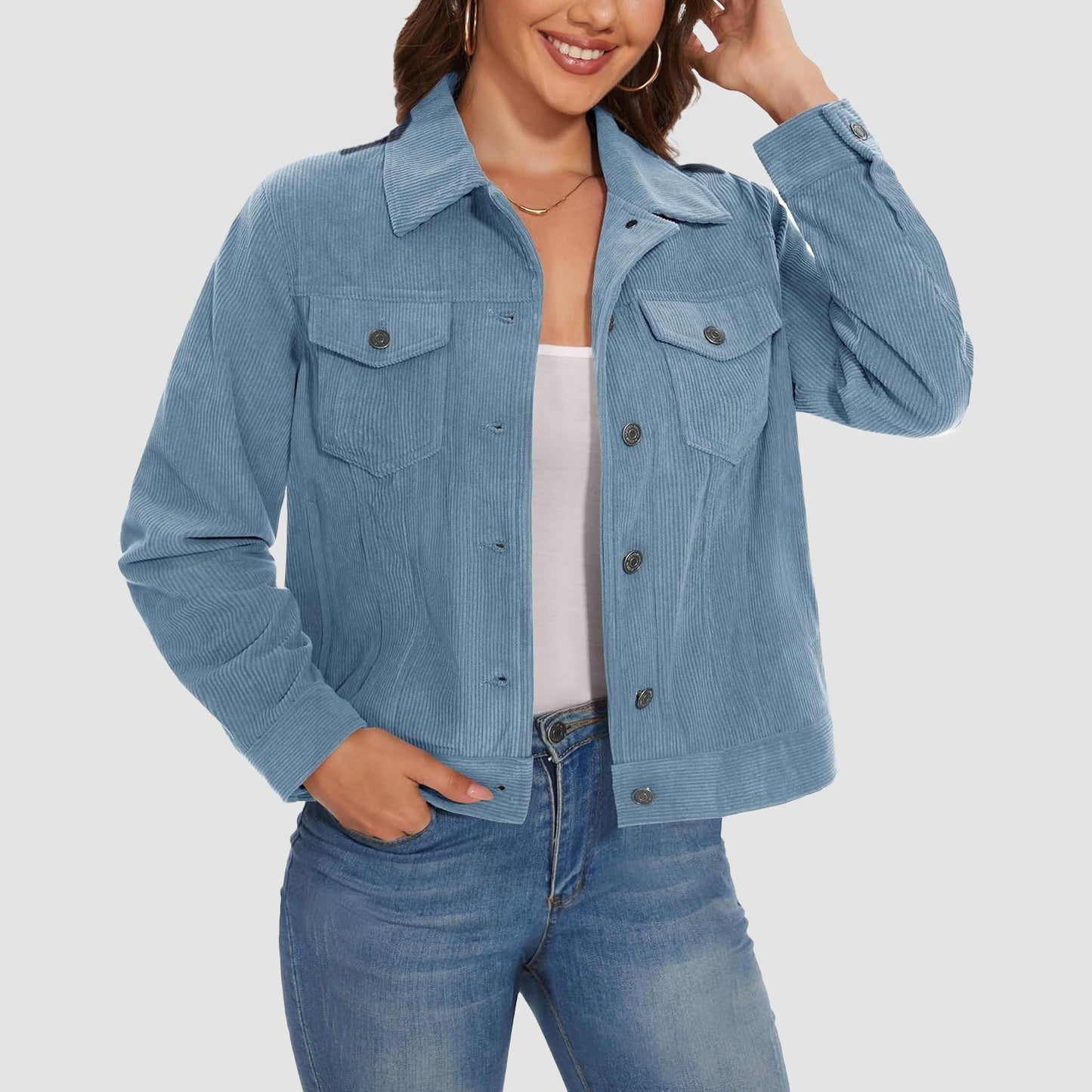Women's brown corduroy shacket jacket with lapel collar, full button closure, and four front pockets