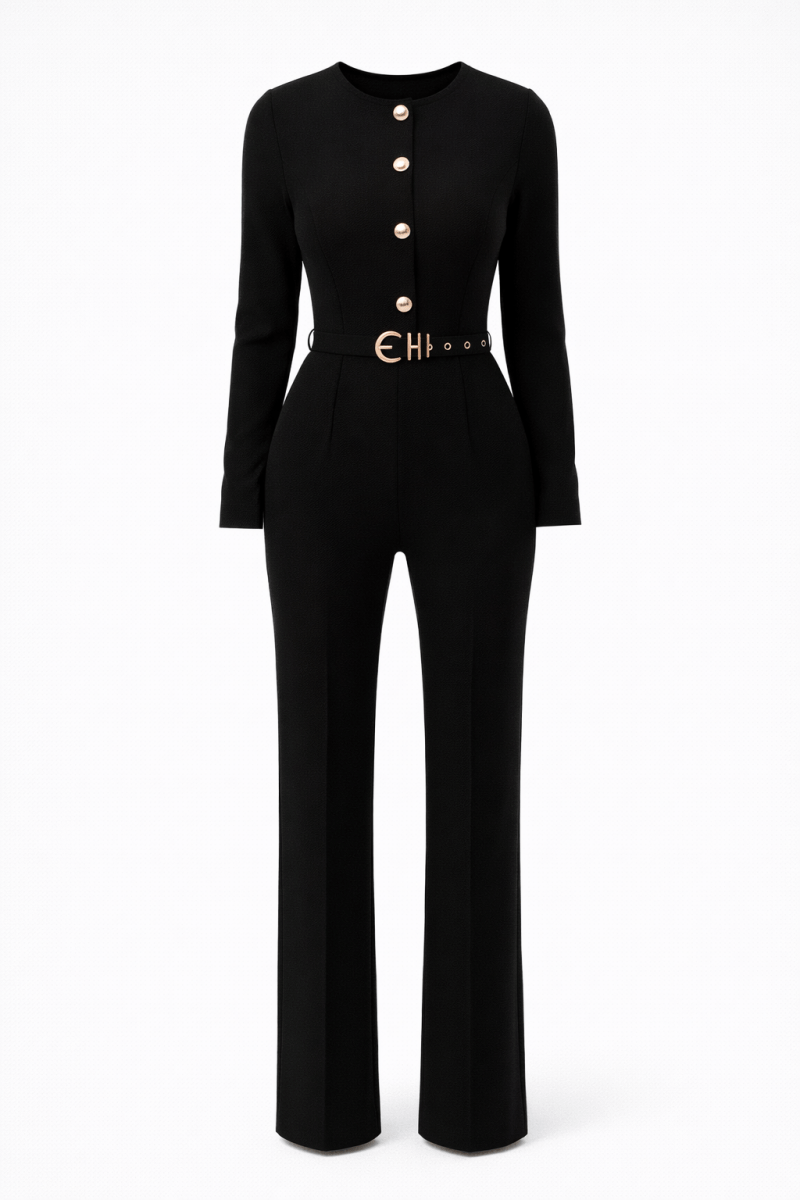 Women's belted wide-leg jumpsuit with V-neck, tailored silhouette, office-ready professional style