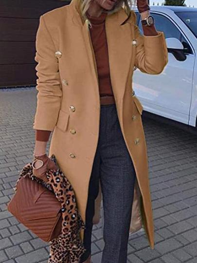 Women's elegant wool coat with lapels, long sleeves, buttoned pockets, tailored winter outerwear