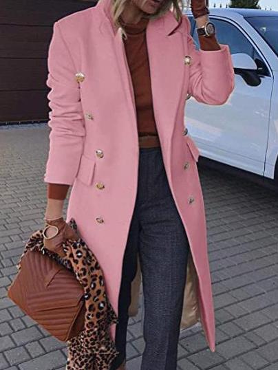 Women's elegant wool coat with lapels, long sleeves, buttoned pockets, tailored winter outerwear
