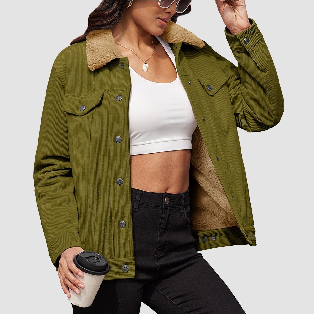 Women's brown corduroy jacket sherpa fleece lining warm winter windproof casual outdoor coat