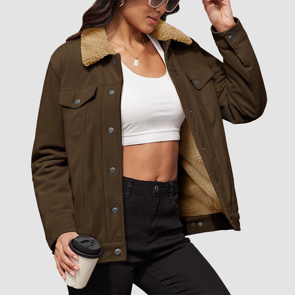 Women's brown corduroy jacket with thick sherpa fleece lining, relaxed fit for warm winter comfort