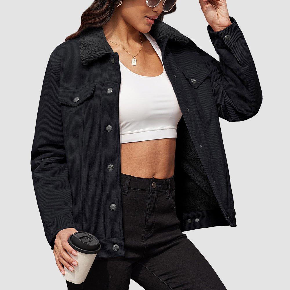 Women's corduroy jacket with sherpa fleece lining, relaxed fit, ideal for warm winter wind protection