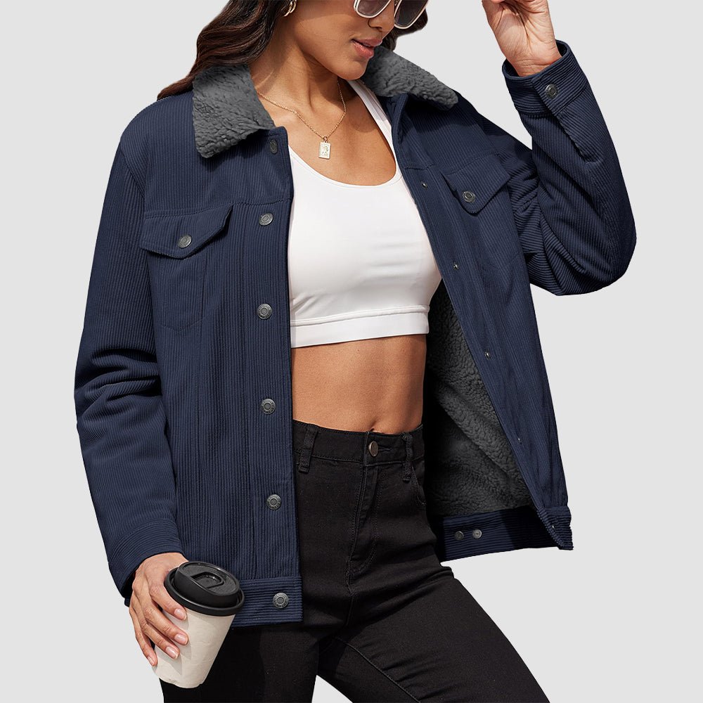 Women's brown corduroy jacket with sherpa fleece lining, relaxed fit, wind-resistant for winter warmth