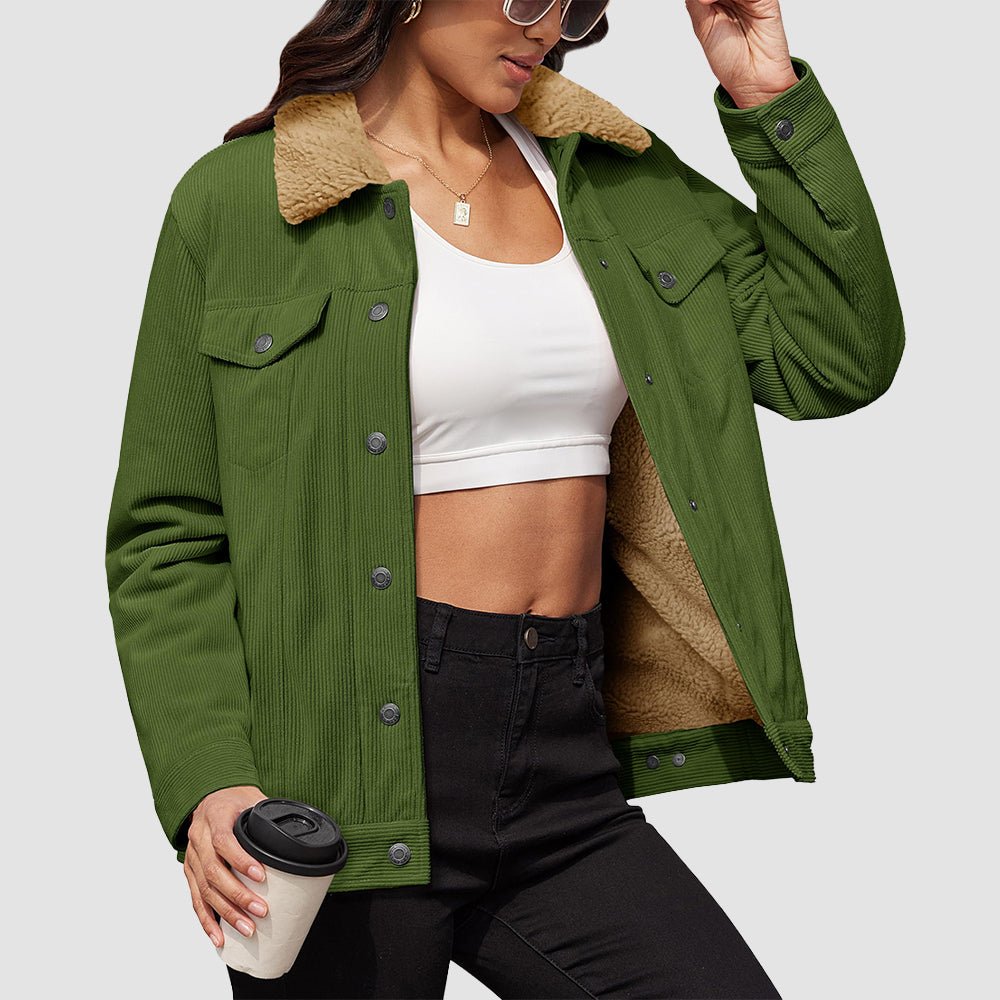Women's brown corduroy jacket sherpa-lined relaxed fit windproof winter outerwear classic texture