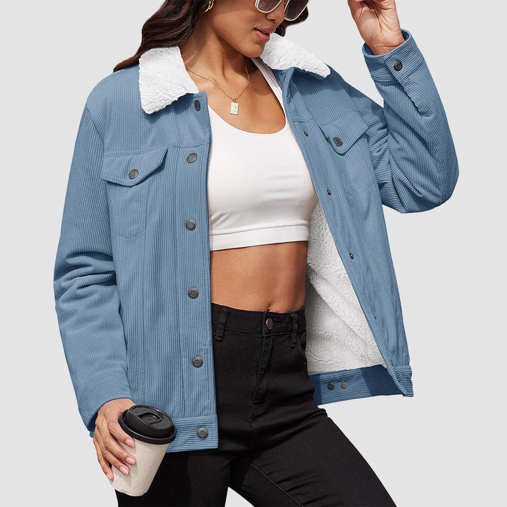 Women's brown corduroy jacket with thick sherpa fleece lining, cozy fit for winter warmth