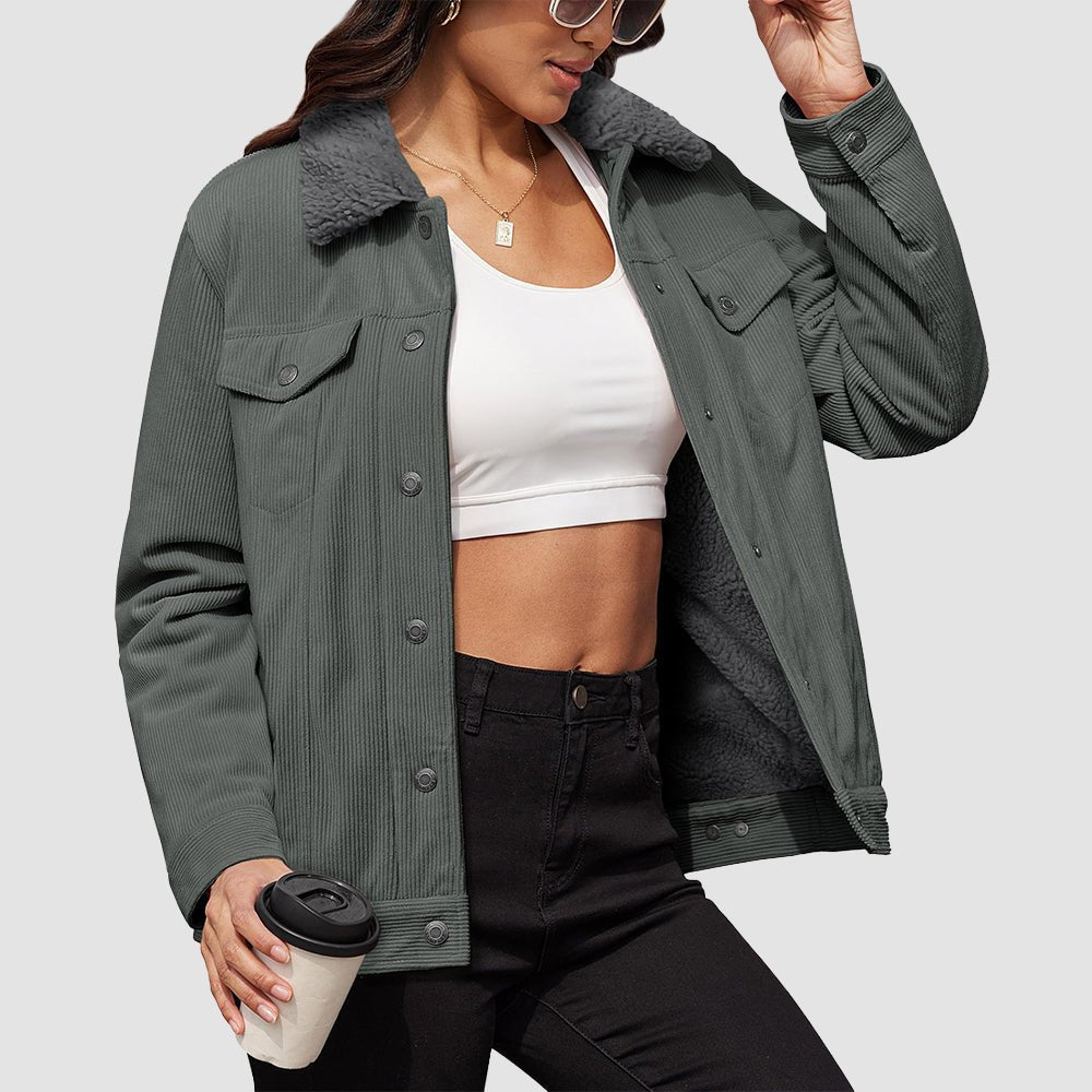 Women's brown corduroy jacket with plush sherpa fleece lining, relaxed fit for warm winter comfort