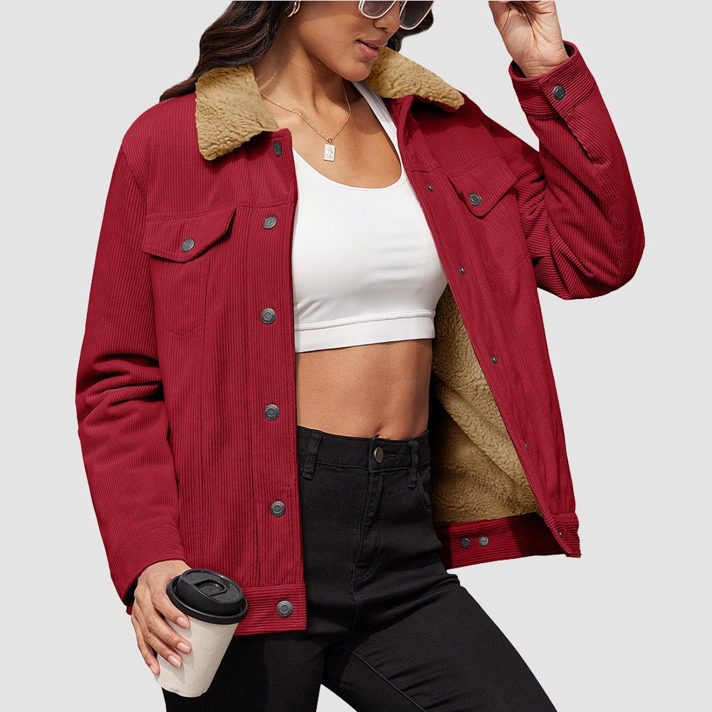 Women's brown corduroy jacket with thick sherpa fleece lining, relaxed fit for warm winter comfort
