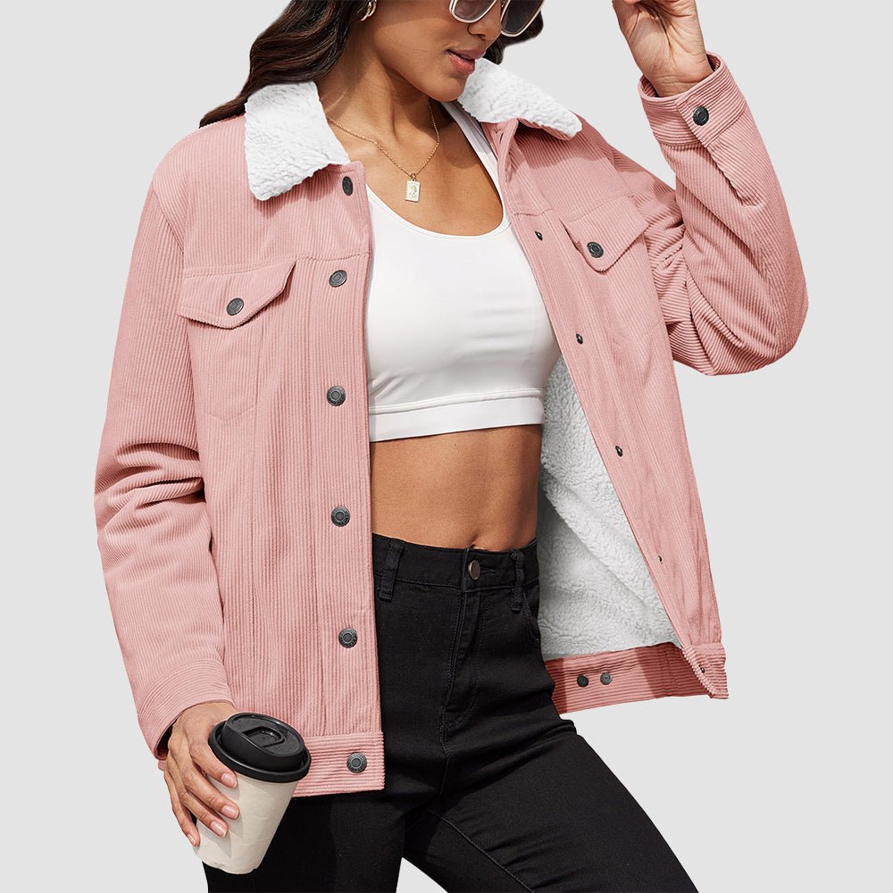 Women's brown corduroy jacket with plush sherpa lining, relaxed fit, wind-resistant for warm winter comfort