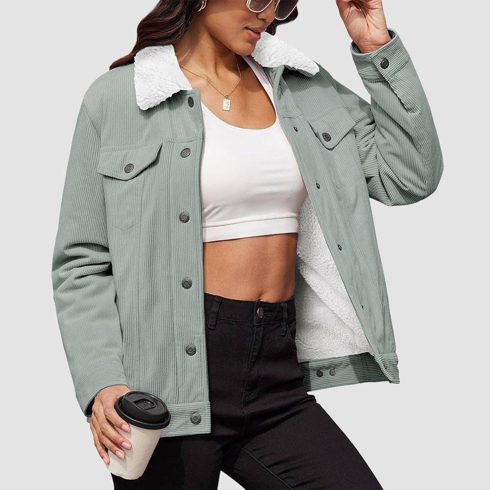 Women's brown corduroy jacket with plush sherpa fleece lining, warm winter style with wind protection