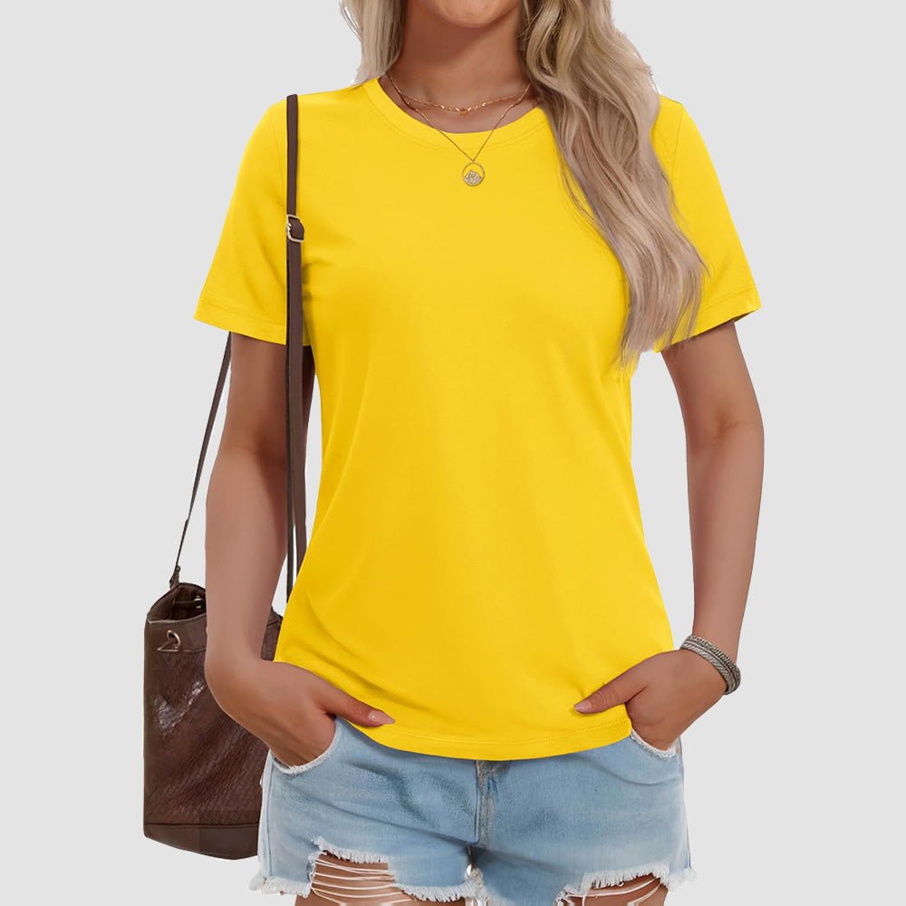 Women's UPF 50+ crew neck short sleeve tee in breathable cotton blend, tag-free everyday sun protection