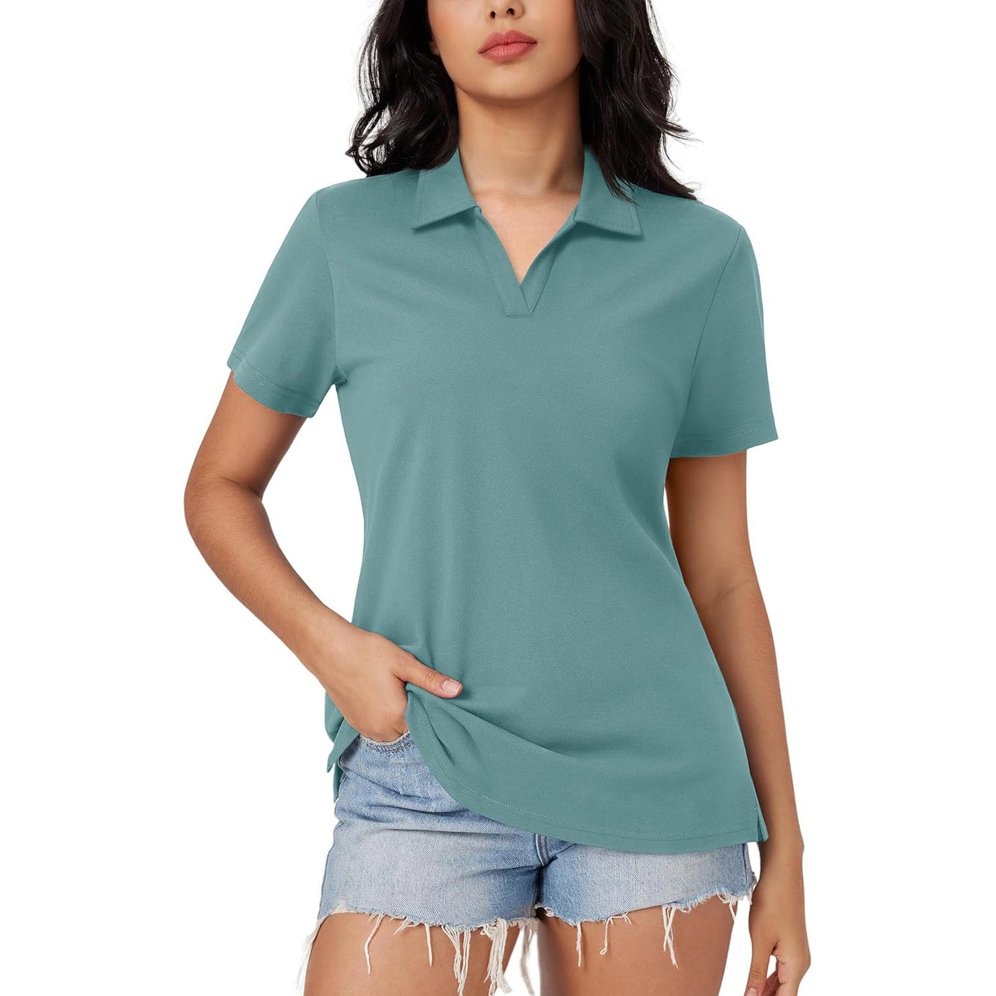 Women's white cotton V-neck polo shirt with cooling fabric, slim fit, and side slit hem for mobility