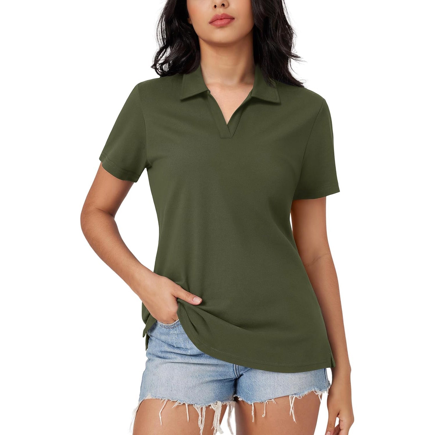 Women's white cotton V-neck polo shirt cooling fabric side slit hem relaxed fit everyday style