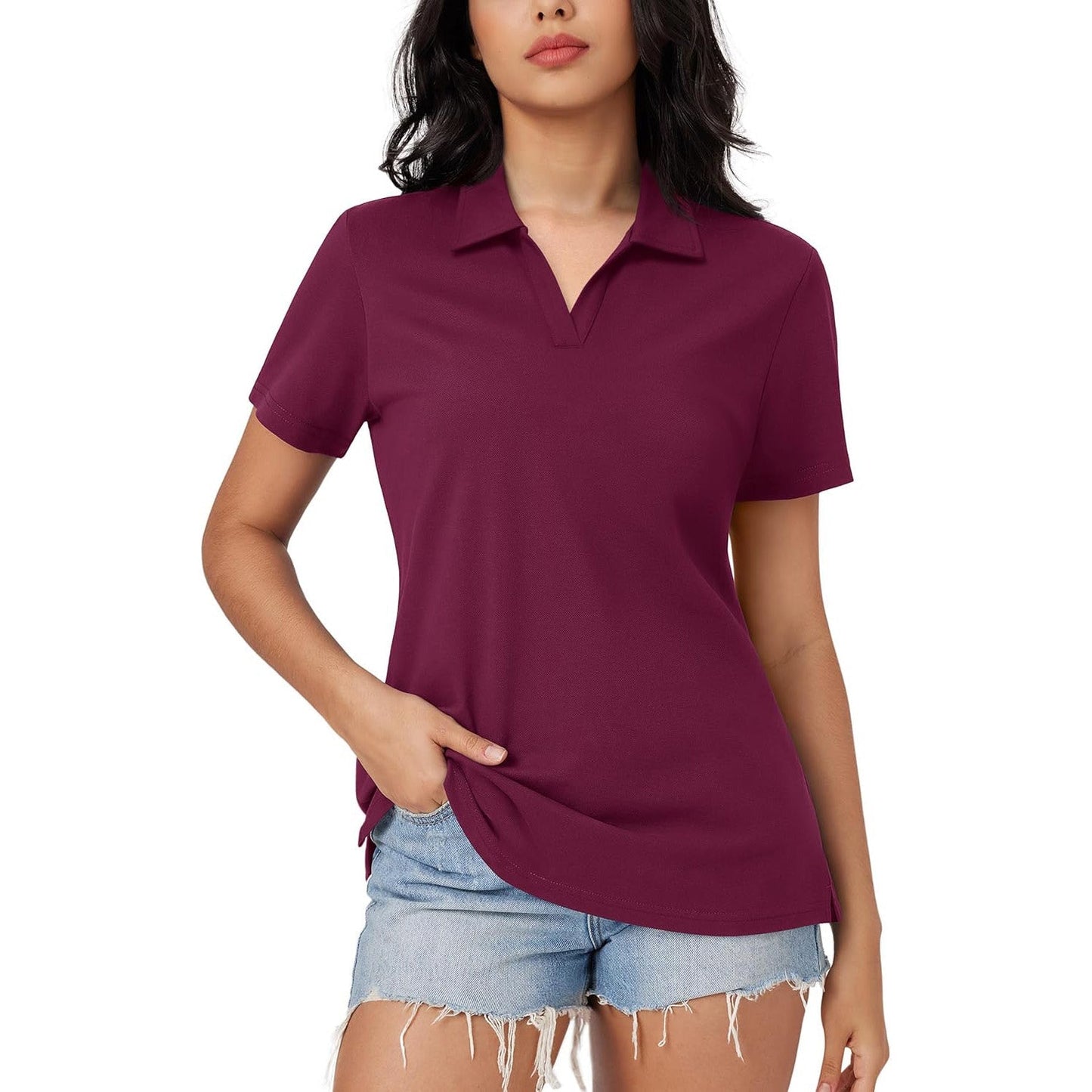 Women's white cotton V-neck polo shirt with cooling fabric, relaxed fit, and side slit hem for mobility