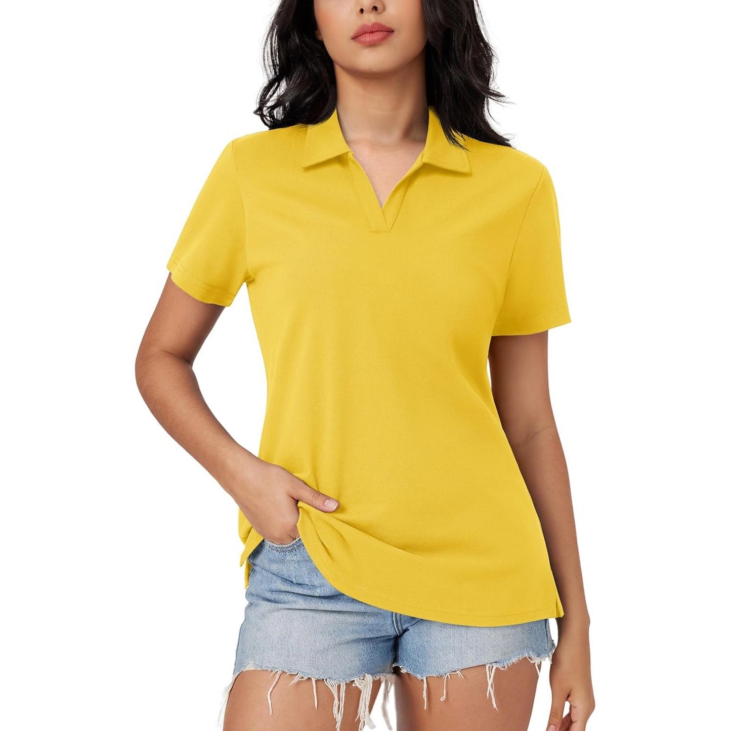 Women's white cotton V-neck polo shirt cooling fabric side slit hem lightweight stretch casual fit