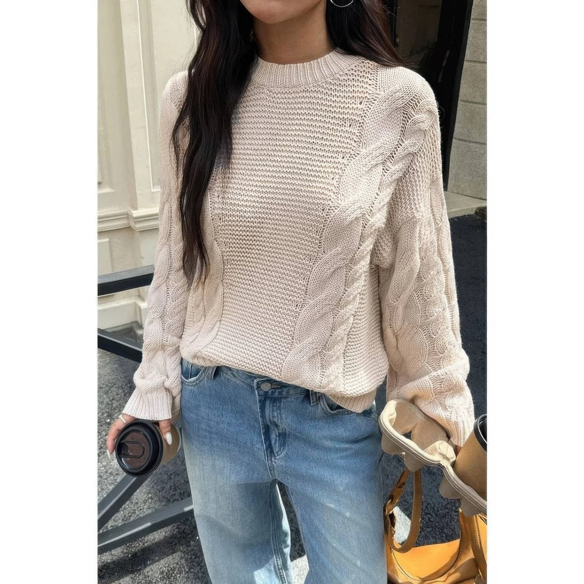 Women's cream cable knit pullover sweater, round neck, soft acrylic textured cozy layering essential